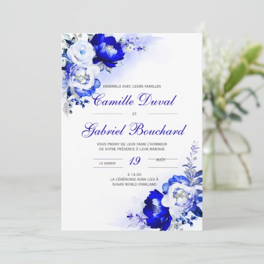 De Mariage élégante avec fleurs blues Einladung (Stehend Vorderseite)