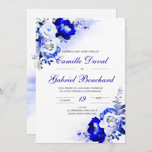 De Mariage élégante avec fleurs blues Einladung (Vorne/Hinten)