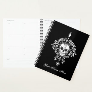 Dead Damask Chic Sugar Skull White auf schwarz Planer