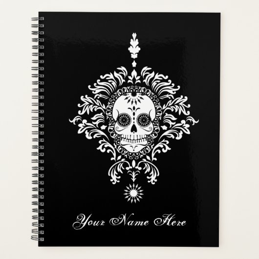 Dead Damask Chic Sugar Skull White auf schwarz Planer (Vorderseite)