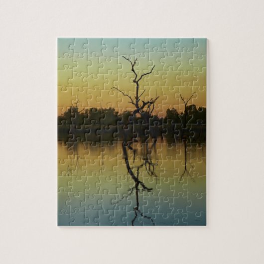 Dead trees reflected in Lily Creek Lagoon, dawn Puzzle (Vertikal)