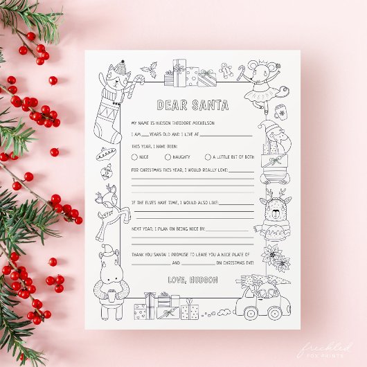 Dear Santa Letter & Wish List with Coloring Page