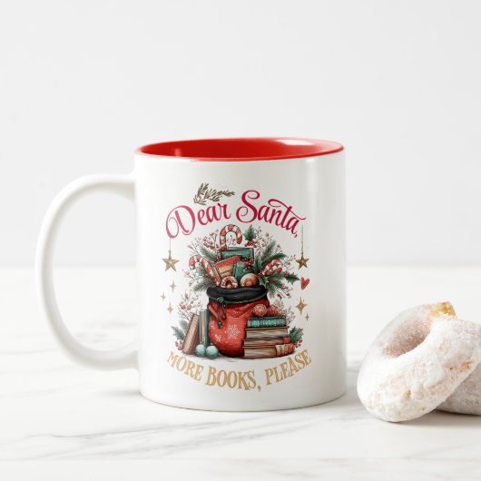 Dear Santa, More Books Please Zweifarbige Tasse (Mit Donut)