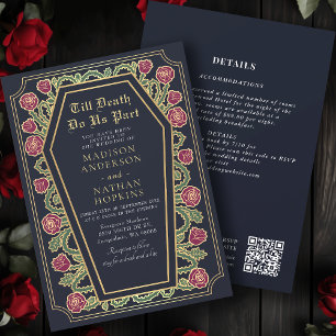 Death Do us Part Gold Blue Gothic Wedding QR Code Einladung