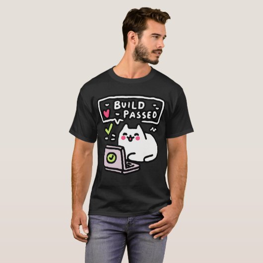 Debug Cat T-Shirt – "Build Passed" Grafik für Code (Vorne ganz)