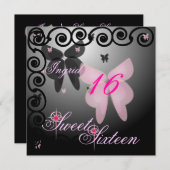 Debutant Butterfly 16 . Geburtstag Pink/Black Invi Einladung (Vorne/Hinten)