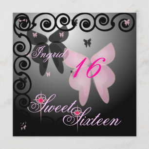 Debutant Butterfly 16 . Geburtstag Pink/Black Invi Einladung