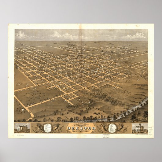 Decatur Illinois 1869 Antique Panoramabalkarte Poster (Vorne)