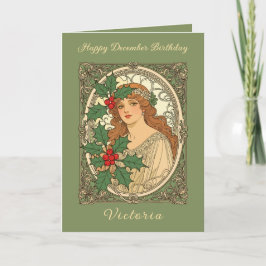 December Birthday Art Nouveau Holly Berries Karte
