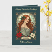 December Birthday Holly Berries And Poinsettia Karte (Gelbe Blume)