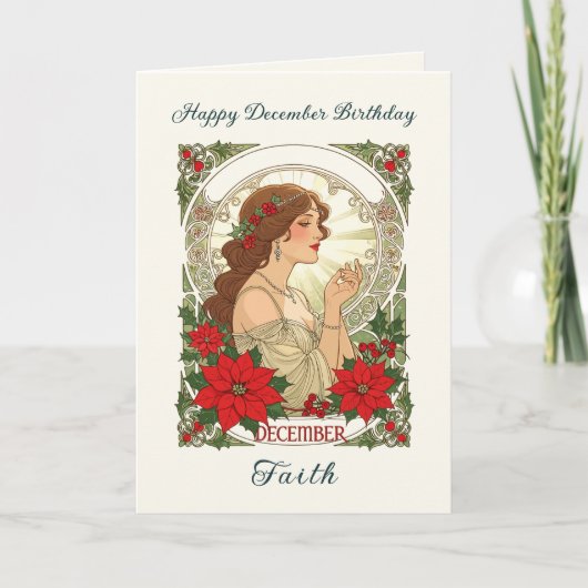 December Birthday Holly Berries And Red Poinsettia Karte (Vorderseite)