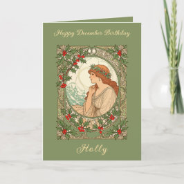 December Birthday Holly Berries Art Nouveau Karte