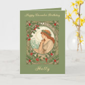 December Birthday Holly Berries Art Nouveau Karte (Gelbe Blume)