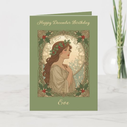 December Birthday Holly Berries Art Nouveau Style Karte (Vorderseite)