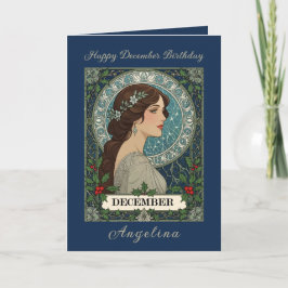 December Birthday Holly Berries Winter Blue Karte