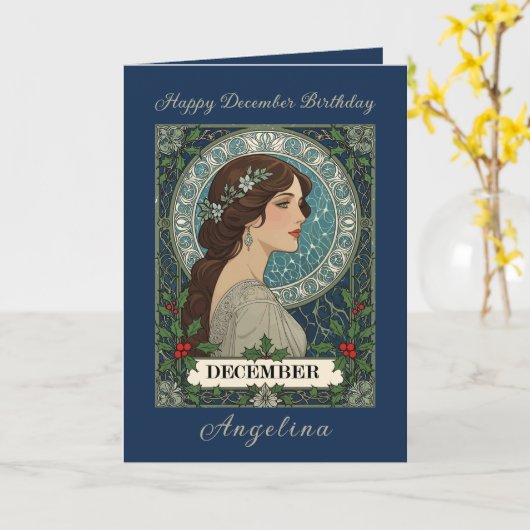 December Birthday Holly Berries Winter Blue Karte (Gelbe Blume)