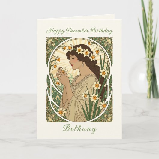 December Birthday Narcissus Art Nouveau Design Karte (Vorderseite)