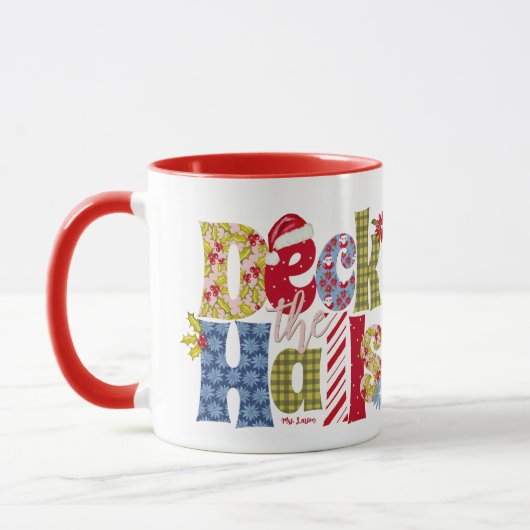 Deck Halls Holiday Patchwork Typografie Weihnachte Tasse (Links)