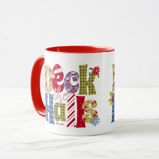 Deck Halls Holiday Patchwork Typografie Weihnachte Tasse (Vorderseite Links)