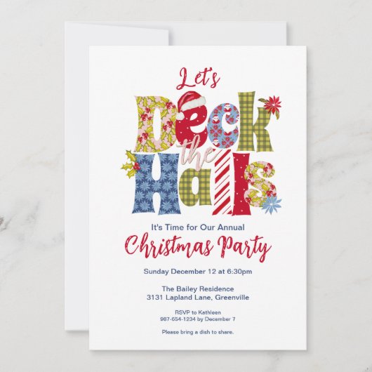 Deck Halls Holiday Patchwork Weihnachts-Party Einladung (Vorderseite)
