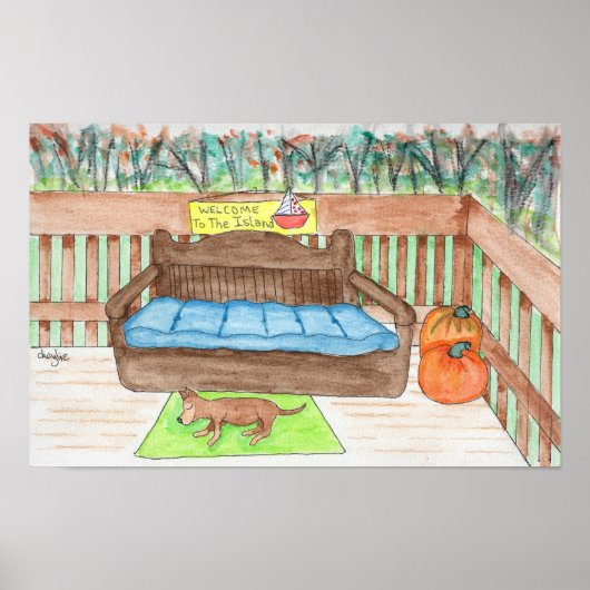 Deck mit Hund - Willkommen auf der Insel Poster (Vorne)