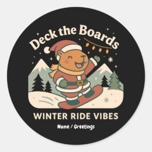 Deck the Boards Süßer Santa-Capybara-Snowboardfahr Runder Aufkleber