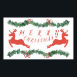 Deck the Halls MERRY CHRISTMAS Rechteckiger Aufkleber<br><div class="desc">Green Garland Swags mit Red Berries,  Rentier & einem MERRY CHRISTMAS Logo.</div>