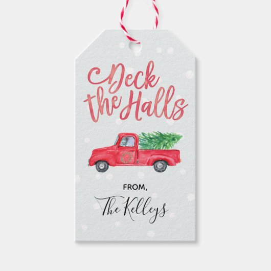 Deck the Halls | Watercolor Retro Red Truck Geschenkanhänger (Vorderseite)