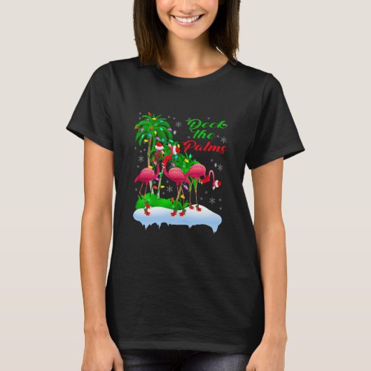 Deck the Palms frohe Weihnachtsleuchten Flamingo T-Shirt (Vorderseite)