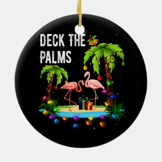 Deck The Palms Tree Beach Flamingo Weihnachten Keramik Ornament (Hinten)
