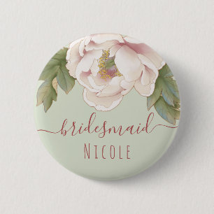 Deckblatt und Rosa Pink Peony Floral Bridesmaid Button