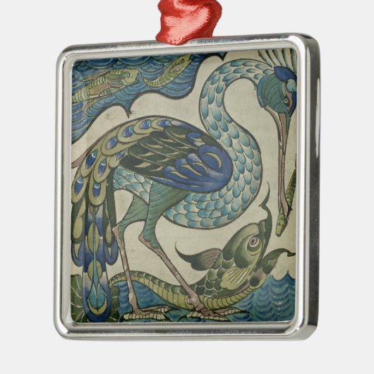 Decken Sie Entwurf des Reihers und der Fische, Silbernes Ornament (Links)