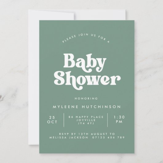 Deckengrüne Retro Typ Babydusche Einladung (Vorderseite)