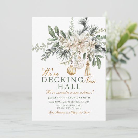 Decking New Halls Holiday Christmas Housewarming Einladung (Stehend Vorderseite)