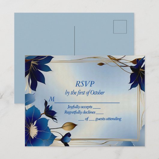Deco blauen Blumen Hochzeit RSVP Postkarte (Vorne/Hinten)