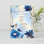 Deco blauen Blumen Hochzeit speichern Sie das Datu Save The Date (Stehend Vorderseite)
