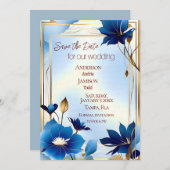 Deco blauen Blumen Hochzeit speichern Sie das Datu Save The Date (Vorne/Hinten)