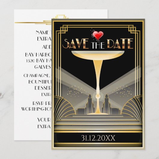 Deco Champagner Save The Date Einladung (Vorne/Hinten)
