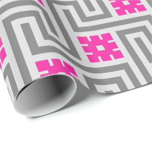 Deco griechischer Schlüssel, Grau und Fuchsia Rosa Geschenkpapier