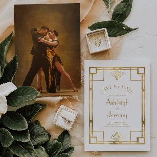 Deco White Gold Foto Wedding Vintage 1920 Save The Date