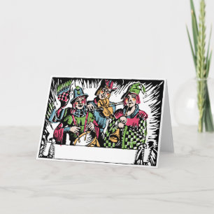 Deco Woodcut Street Musician Carolers Feiertagskarte