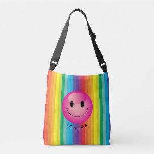 Decora Kei Rainbow Striped Lächeln Emoji Face Tragetaschen Mit Langen Trägern