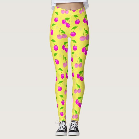 Decora Kei Regenbogen-Kirschmuster Gelb Leggings (Vorderseite)