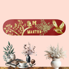 Decorative Art Golden Bird Tree of Life Monogram Skateboard