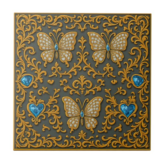Decorative Butterfly Design in Gold and Blue Fliese (Vorderseite)