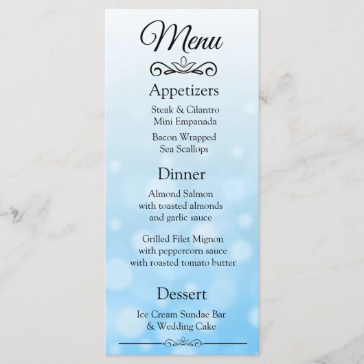 Decorative Elegant Blue Bokeh Wedding Menu Card Menükarte (Vorderseite)