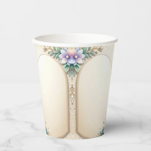 Decorative Floral Frame with Pearls Paper Cups Pappbecher (Vorderseite)