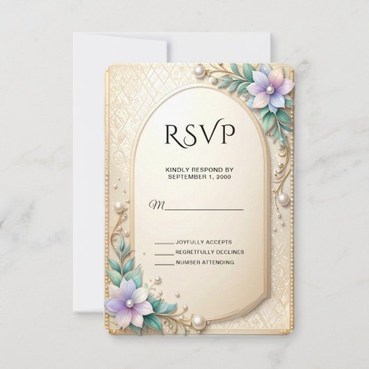 Decorative Floral Frame with Pearls RSVP Card Karte (Vorderseite)