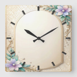 Decorative Floral Frame with Pearls Wall Clock Quadratische Wanduhr