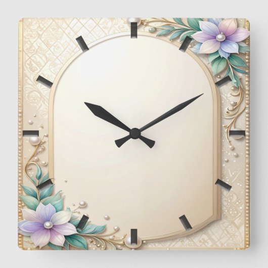 Decorative Floral Frame with Pearls Wall Clock Quadratische Wanduhr (Vorderseite)